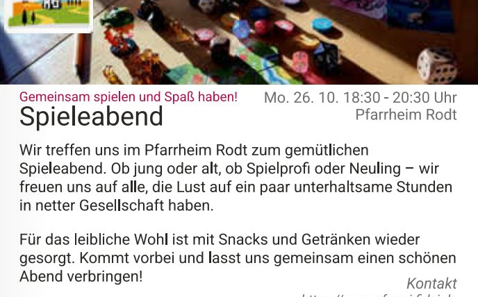 Eine Einladung zu einem Spieleabend im Pfarrheim Rodt. Es gibt Snacks und Getränke, und alle sind herzlich willkommen, einen entspannten Abend zu verbringen.