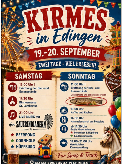 Ein farbenfrohes Plakat für die Kirmes in Edingen, die am 19. und 20. September stattfindet. Es zeigt die Veranstaltungen und Attraktionen, darunter Essen, Livemusik und Spiele.