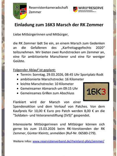 Einladung zum 16K3 Marsch der Reservistenkameradschaft Zemmer. Der Marsch findet am 29.03.2026 statt und umfasst verschiedene Streckenlängen.
