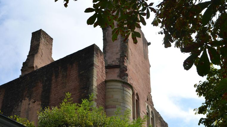 Eine alte Ruine mit teilweise erhaltenen Mauern und Pflanzen, die darüber wachsen. Der Himmel ist wolkig und die Ansicht wird von grünen Blättern umrahmt.
