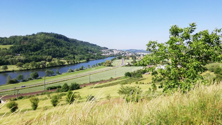 Une paysage pittoresque avec une rivière, entourée de douces collines et de prairies verdoyantes. Le ciel est clair et bleu, ce qui renforce l'atmosphère idyllique.