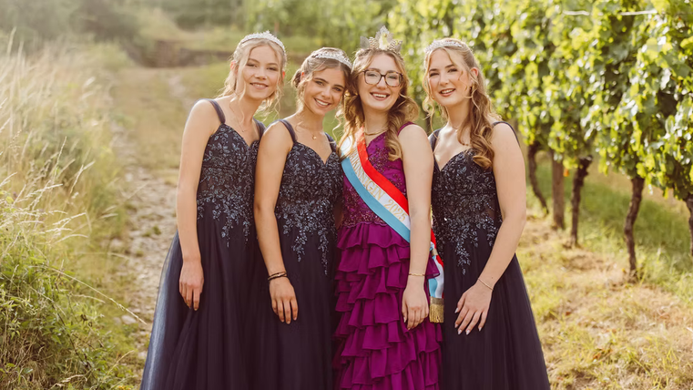 Vier junge Frauen in eleganten Abendkleidern posieren lächelnd in einem Weinberg. Die Atmosphäre ist festlich und fröhlich.