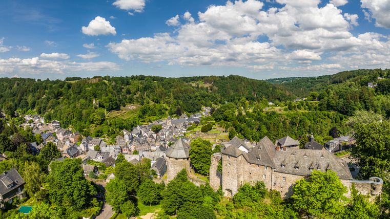 Panoramablick auf Monschau mit Burg und grüner Landschaft.