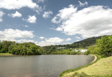 Lac de barrage de Bitburg &agrave; Biersdorf am See avec un paysage de rives verdoyantes, des collines bois&eacute;es et des b&acirc;timents en arri&egrave;re-plan sous un ciel bleu avec des nuages., &copy; Eifel-Tourismus GmbH, Dominik Ketz