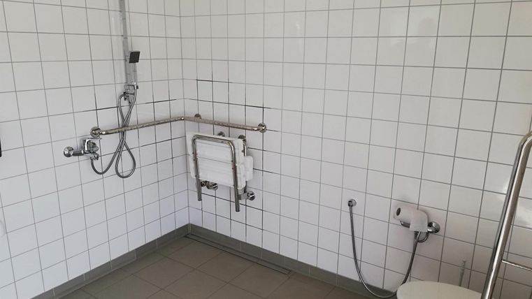 Ein modernes Badezimmer mit weißen Fliesen. Es ist mit einer Dusche, einem WC und Haltegriffen ausgestattet.