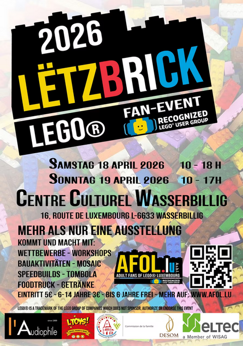 Een poster voor het LEGO® Fan-evenement „LëtzBrick 2026“. Het toont informatie over de locatie, de datum en verschillende activiteiten.