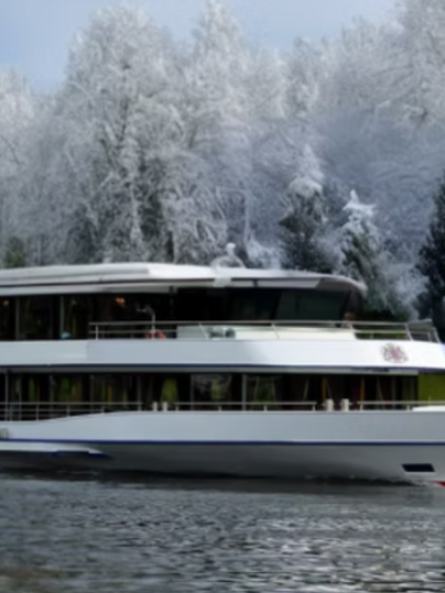 Un navire moderne navigue à travers une étendue d'eau enneigée. En arrière-plan, on peut voir des arbres recouverts de neige.