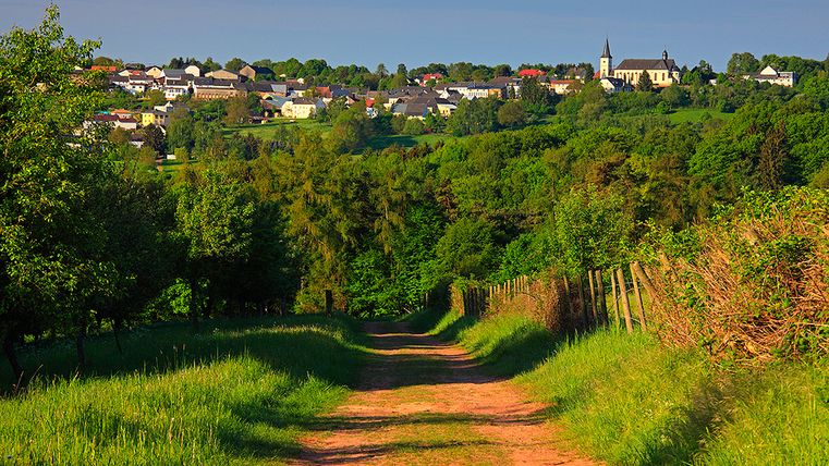 Landschaft mit Dorf und Kirche im Hintergrund, umgeben von grünen Bäumen und Wiesen.
