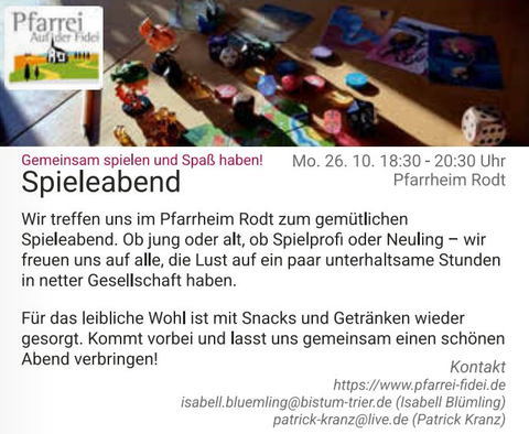Eine Einladung zu einem Spieleabend im Pfarrheim Rodt. Es gibt Snacks und Getränke, und alle sind herzlich willkommen, einen entspannten Abend zu verbringen.