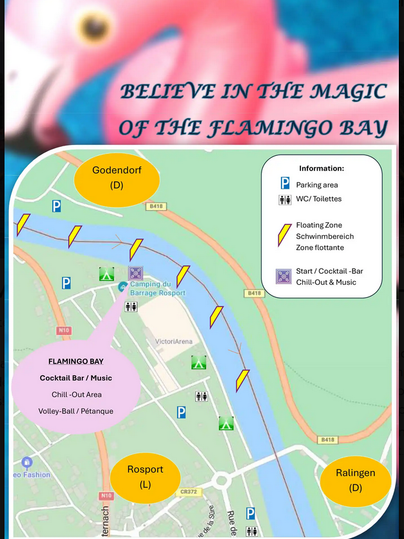 Eine Karte von Flamingo Bay mit verschiedenen Bereichen wie Cocktail-Bar, Chill-Out-Area und Sportmöglichkeiten. Die Umgebung ist farbenfroh und einladend gestaltet.