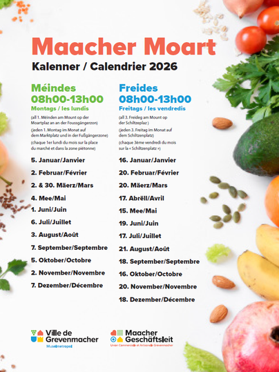 Een kalender voor de Maacher Moart met de openingstijden voor maandagen en vrijdagen. De lijst toont de data van januari tot december 2026.