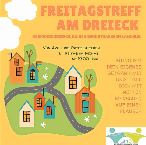 Ein bunten Flyer für ein wöchentliches Treffen in Langsur. Es zeigt eine stilisierte Karte mit Häusern und einem Weg, sowie Informationen über den Treffpunkt und die Zeiten.