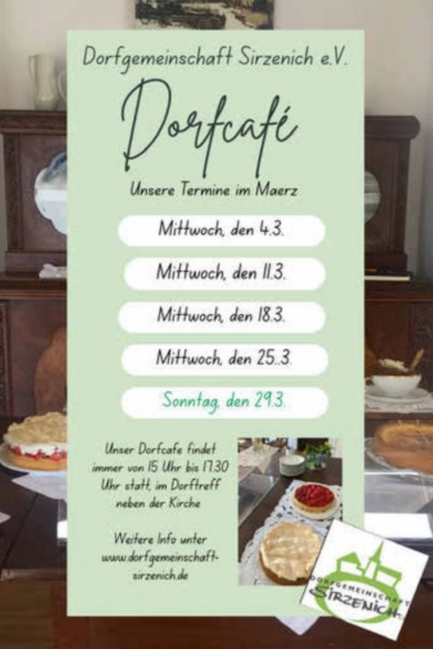 Ein Flyer für das Dorfcafé der Dorfgemeinschaft Sirzenich e.V. zeigt Termine im Oktober. Er kündigt wöchentliche Treffen und eine kurze Pause während der Herbstferien an.