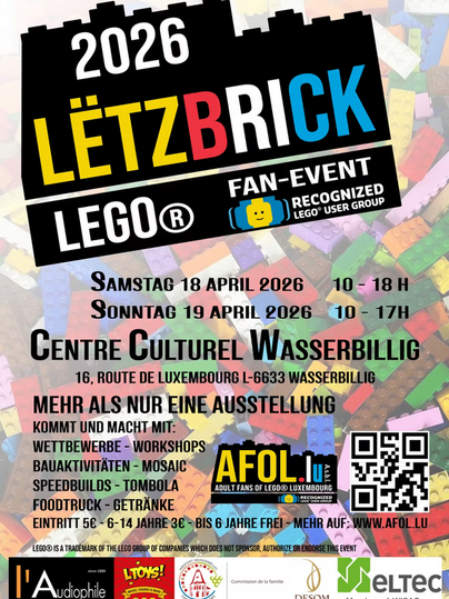 Une affiche pour l'événement LEGO® fan « LëtzBrick 2026 ». Elle présente des informations sur le lieu, la date et diverses activités.