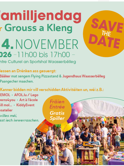 Une journée familiale colorée avec différentes activités et offres pour les enfants. L'événement aura lieu le 14 novembre 2026 au Centre Culturel et Sportsahl Waasserbëlleg.