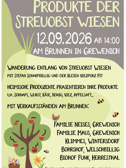 Ein Werbeplakat für eine Veranstaltung mit dem Titel "Produkte der Streuobst Wiesen". Es zeigt Infos zu einem Wandertag und Verkaufsständen in Grevenich am 12. September 2026.