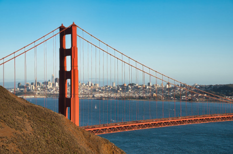 Eine beeindruckende Aussicht auf die Golden Gate Bridge mit der Stadt San Francisco im Hintergrund. Der klare Himmel und die ruhige Wasseroberfläche sorgen für eine malerische Kulisse.