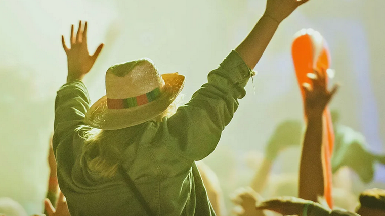 Ein begeistertes Publikum auf einem Musikfestival. Viele Hände freuen sich in die Luft und schaffen eine fröhliche Atmosphäre.