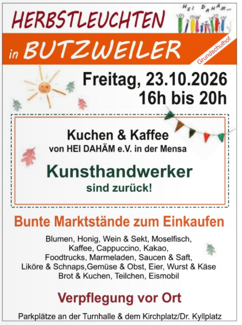 Une affiche de l'événement pour l'Automne Lumineux à Butzweiler. Elle montre des informations sur les gâteaux, le café, les artisans et les stands de marché colorés le 23 octobre 2026.