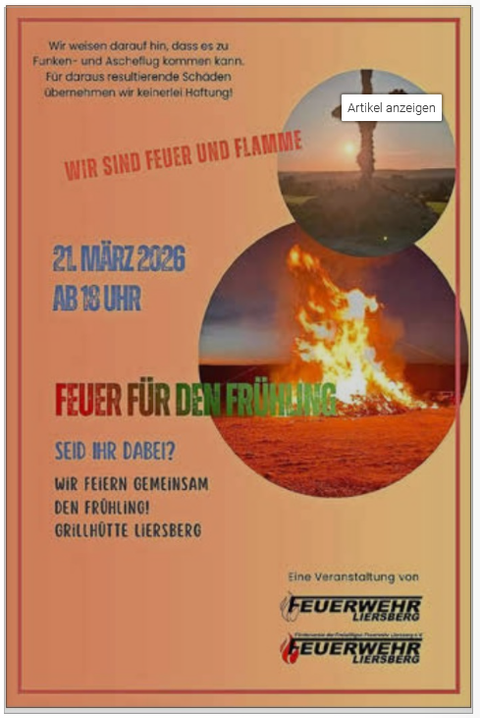 Eine Einladung zu einem Frühlingsfeuer der Feuerwehr Liersberg am 21. März 2026. Das Poster zeigt ein Feuer und hebt die Feierlichkeiten hervor.