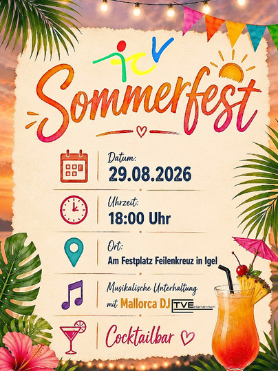 Une affiche colorée pour une fête estivale, avec un cocktail et une décoration festive. L'événement aura lieu le 29 août 2026 à 18 h à Igel.