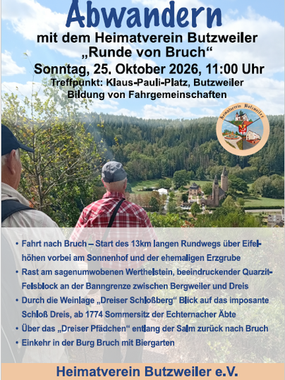 Eine Veranstaltungseinladung für eine Wanderung mit dem Heimatverein Butzweiler am Losheimer See. Die Veranstaltung findet am 26. Oktober 2025 statt und beinhaltet eine entspannte Wanderung durch die Natur.