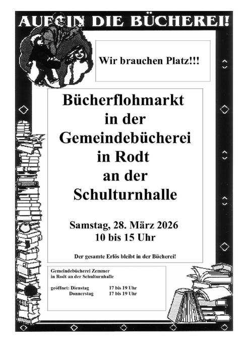 Ein Plakat für einen Bücherflohmarkt in der Gemeindebücherei in Rodt. Der Markt findet am 28. März 2026 von 10 bis 15 Uhr statt.