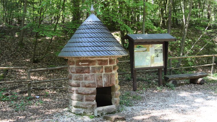 Steinbrunnen mit spitzem Dach im Wald, daneben eine Infotafel und eine Bank.