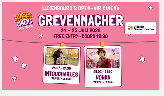 Ein Plakat für das Open-Air-Kino in Grevenmacher. Die Filme "Intouchables" und "Wonka" werden am 24. und 25. Juli 2026 gezeigt.