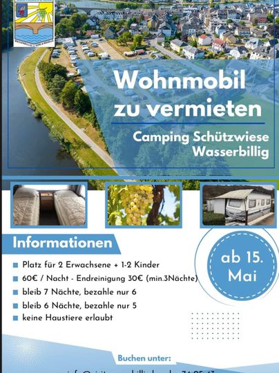 Wohnmobil zu vermieten auf dem Campingplatz Schützwise in Wasserbillig. Informationen zu Preisen und Buchung sind angegeben.
