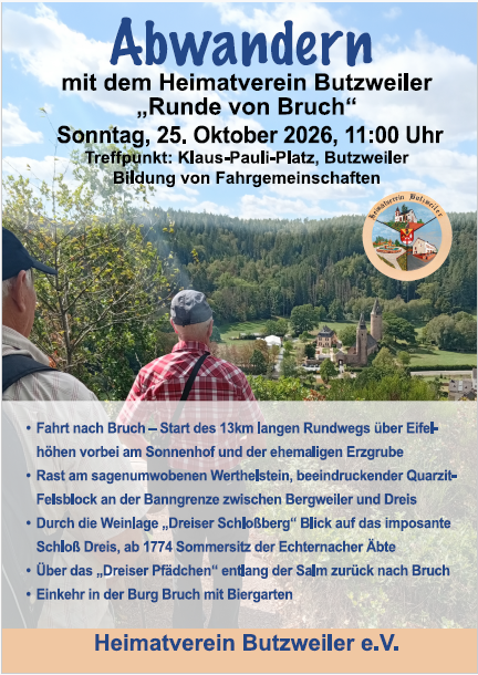 Eine Veranstaltungseinladung für eine Wanderung mit dem Heimatverein Butzweiler am Losheimer See. Die Veranstaltung findet am 26. Oktober 2025 statt und beinhaltet eine entspannte Wanderung durch die Natur.