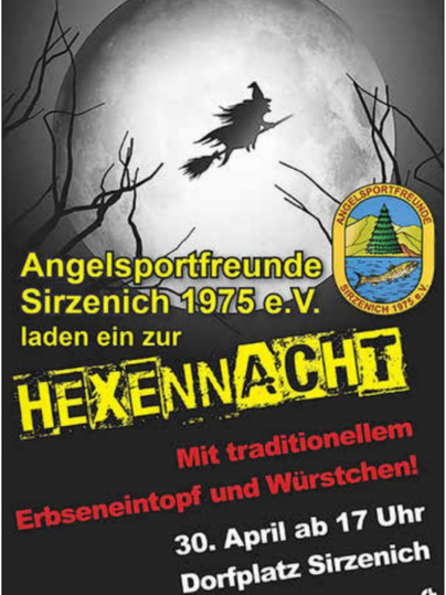 Ein Plakat für die Hexennacht der Angelsportfreunde Sirzenich 1975 e.V. Es zeigt eine Hexe vor einem vollen Mond und kündigt Essen und die Veranstaltung am 30. April an.