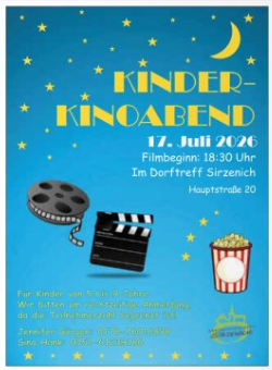 Une affiche pour une soirée cinéma pour enfants le 27 février 2026. Le film commence à 18h00 au centre du village de Sirzenich.