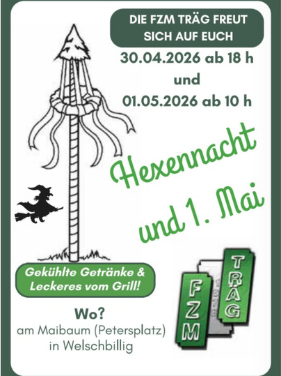 Ein Plakat für ein Event mit dem Maibaum und einer Hexe. Es kündigt die Hexennacht und den 1. Mai mit Getränken und Grill bekannt an.