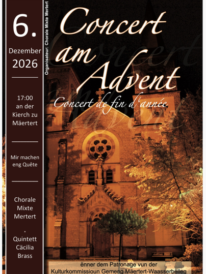 Une affiche de concert pour le "Concert de l'Avent" le 7 décembre 2025. Elle montre une église illuminée de manière festive et contient des informations sur les artistes et l'heure.