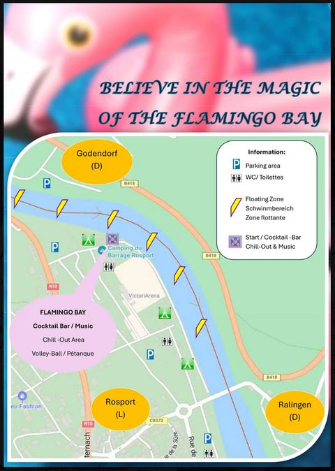 Une carte de Flamingo Bay avec différentes zones comme le bar à cocktails, la zone détente et des installations sportives. L'environnement est coloré et accueillant.